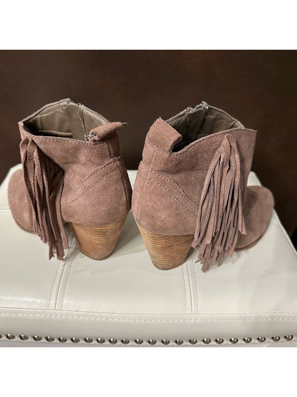 STEVE MADDEN Tan Fringed heeled ankle booties suede leather western size 7.5 - Picture 7 of 16